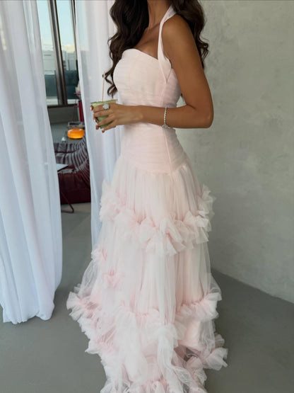 Ruched Halter Tiered Ruffle Tulle Gown
