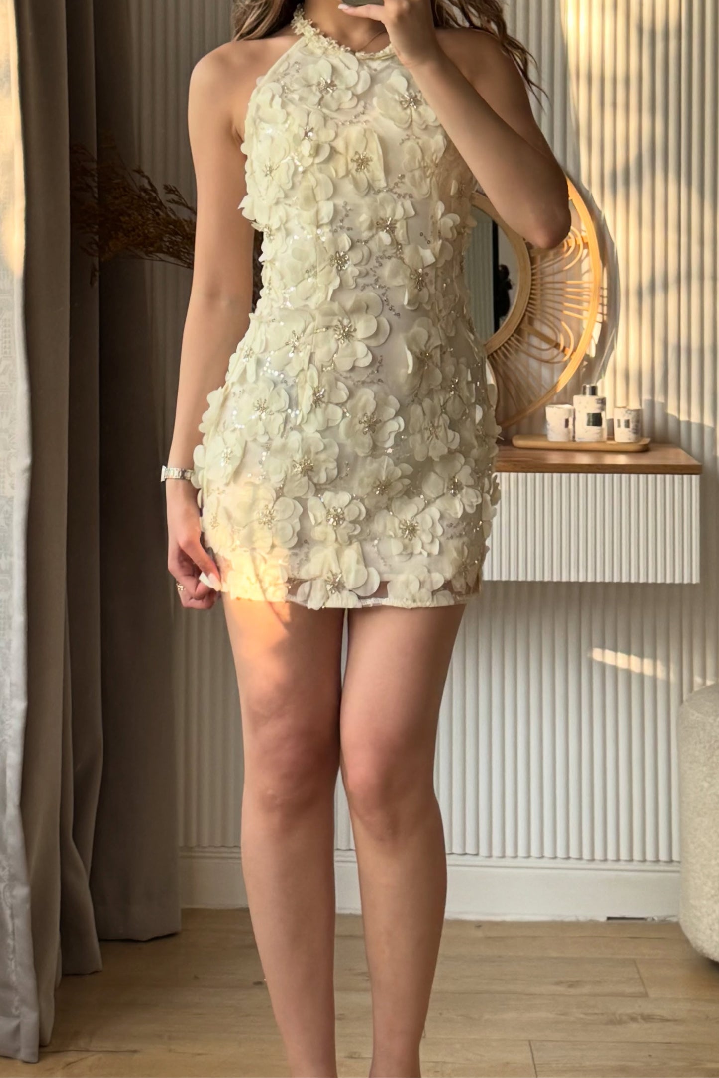 3D Floral Applique Halter Mini Dress