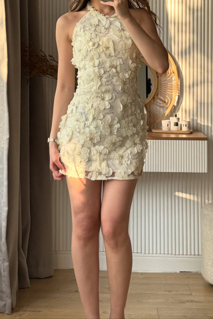 3D Floral Applique Halter Mini Dress
