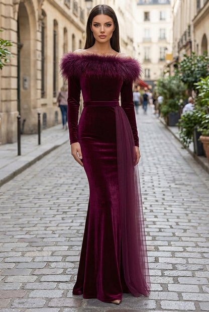 Feather Off-Shoulder Velvet Gown with Train