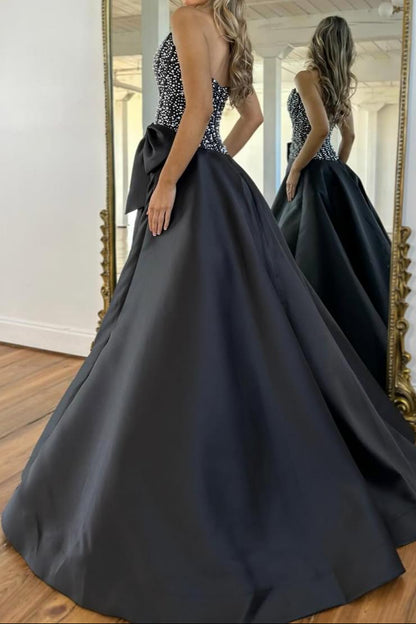Strapless Beaded Bodice Ball Gown with Bow