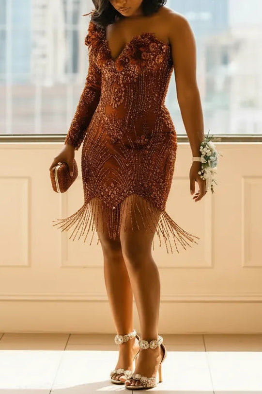 One-Shoulder Beaded Fringe Mesh Mini Dress