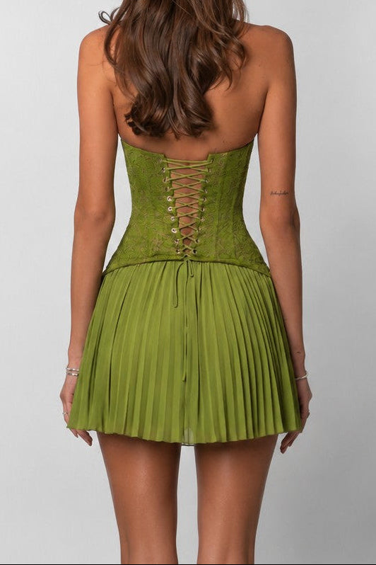 Lace-Up Corset Mini Dress with Pleated Flared Skirt