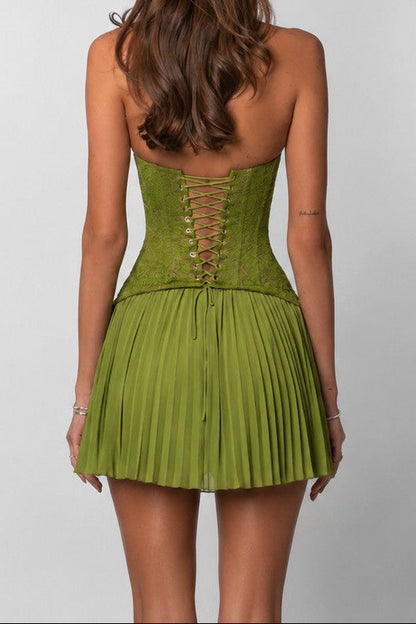 Lace-Up Corset Mini Dress with Pleated Flared Skirt