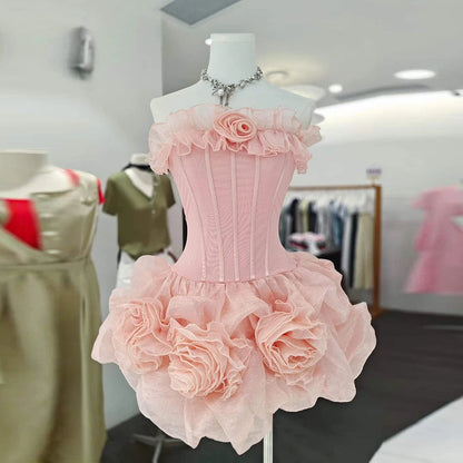 Strapless Corset 3D Rose Ruffle Mini Dress