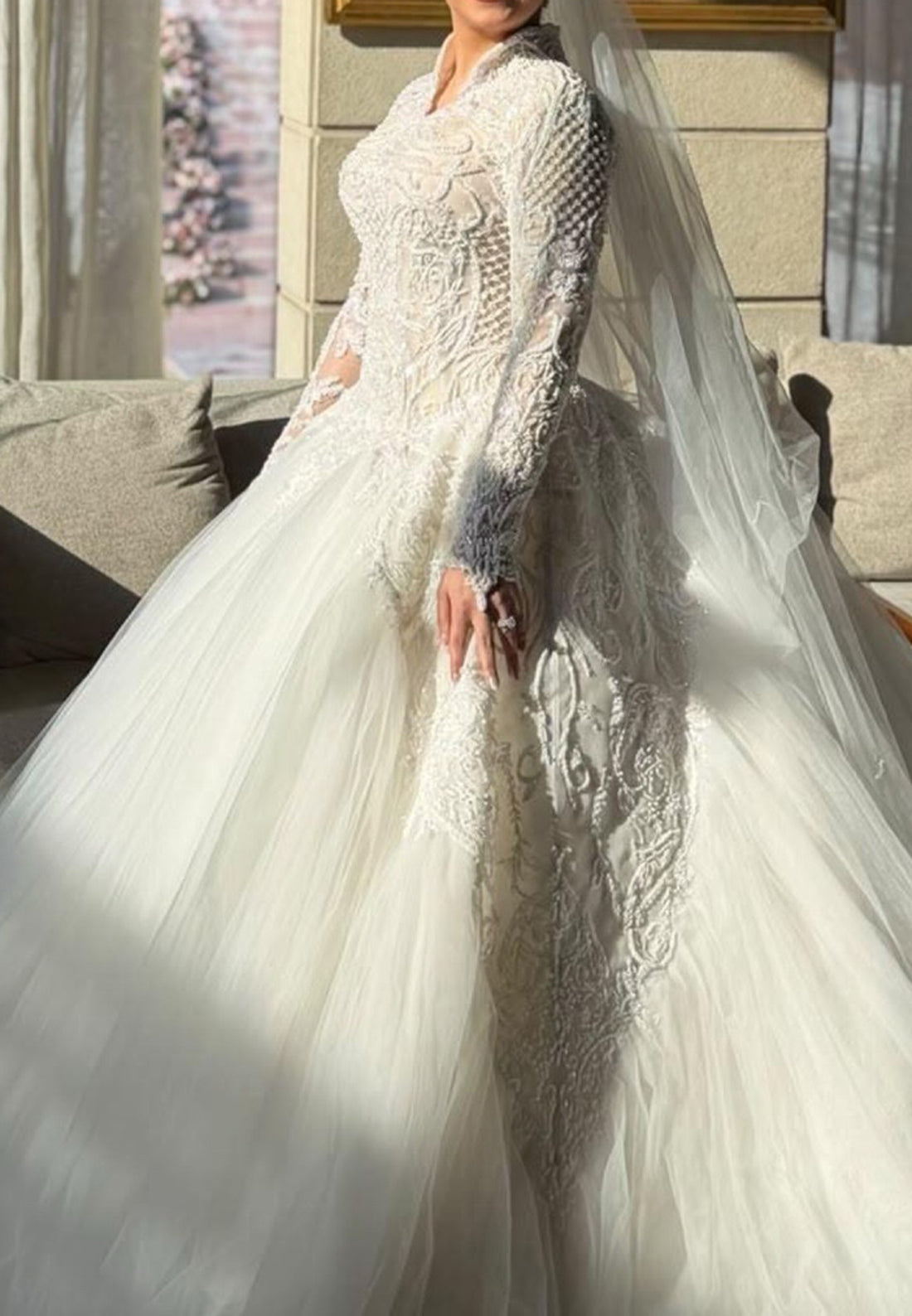 Embroidered Ball Gown Wedding Dress with Long Sleeves