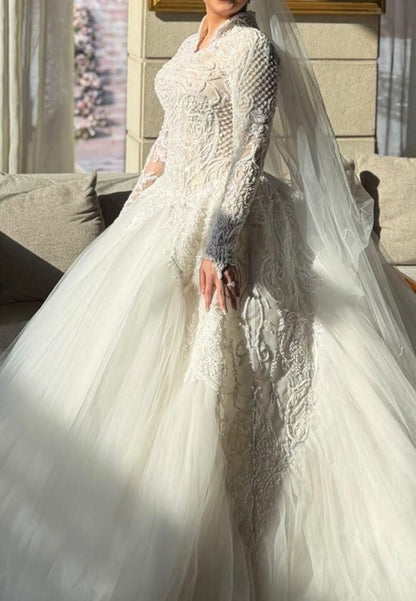 Embroidered Ball Gown Wedding Dress with Long Sleeves