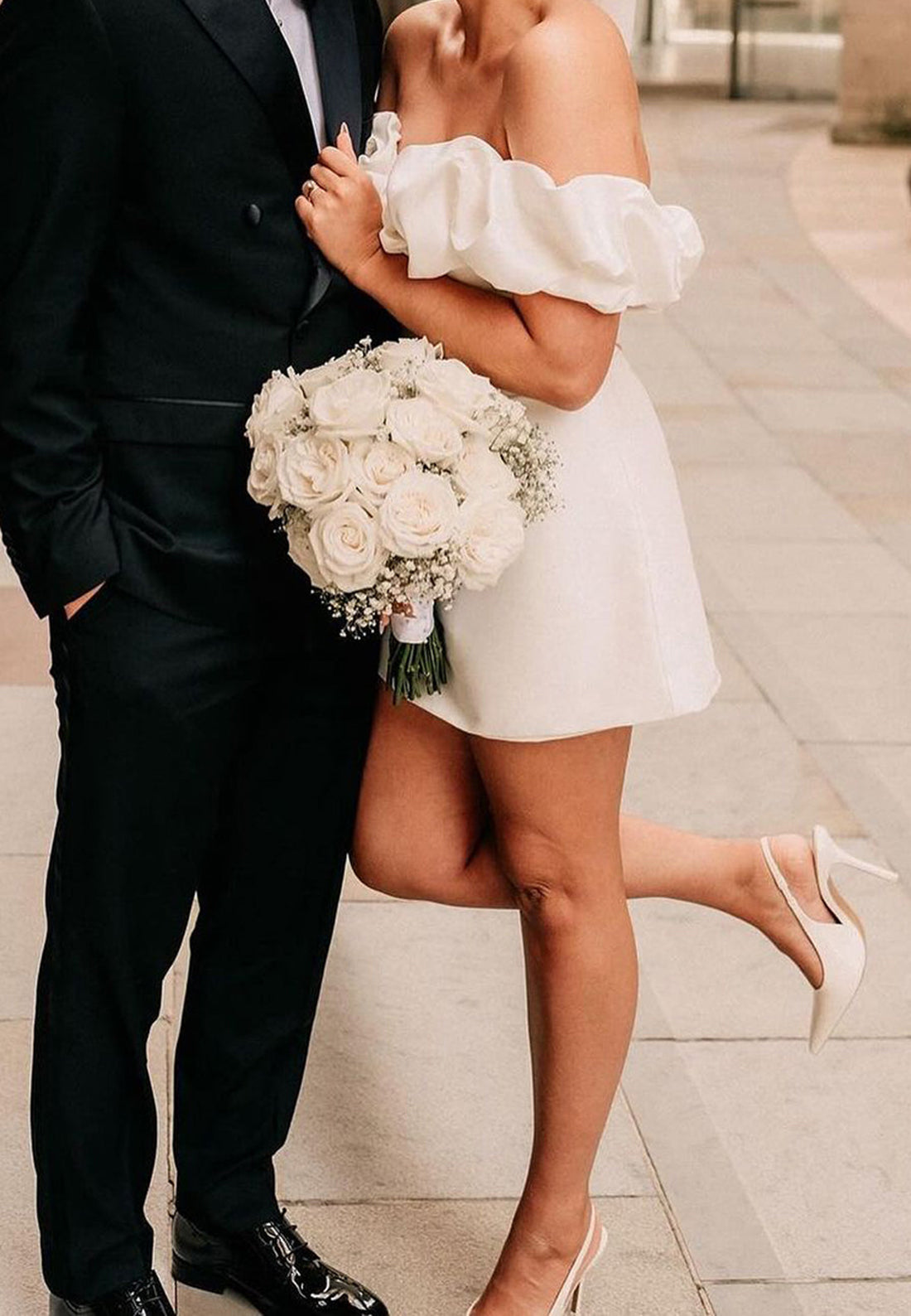 Off-the-Shoulder Satin Mini Wedding Dress
