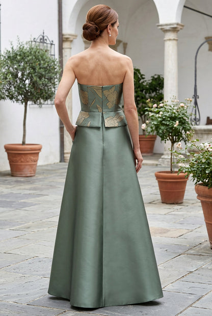 Strapless Jacquard Peplum A-Line Gown