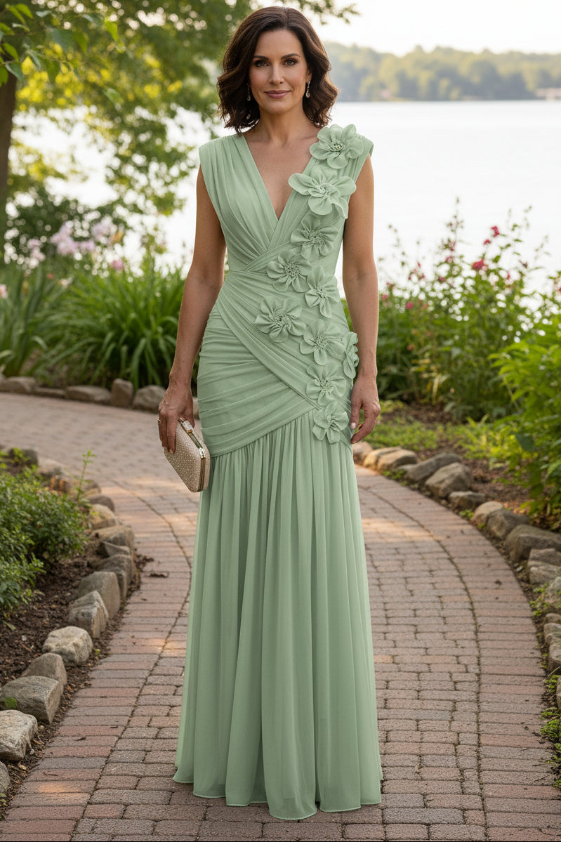Ruched Floral Appliqué Floor-Length Evening Gown