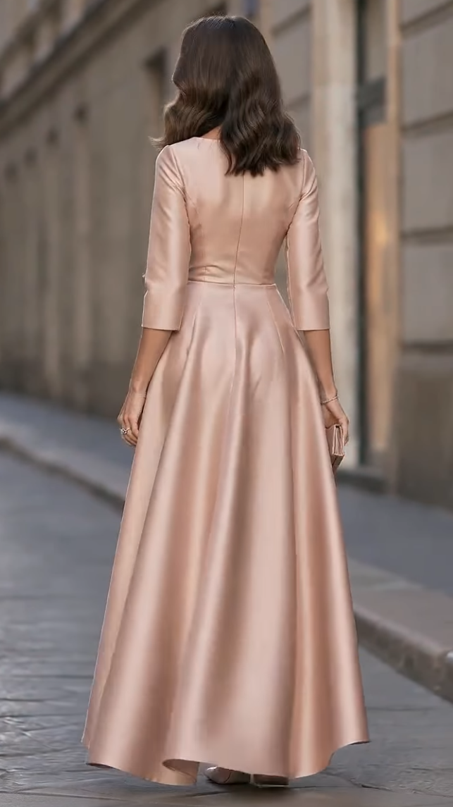 Bateau Neck 3/4 Sleeve Satin Gown with Waist Bow