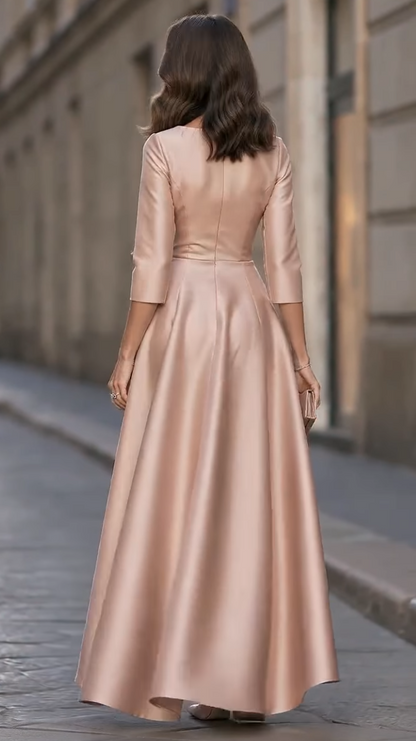 Bateau Neck 3/4 Sleeve Satin Gown with Waist Bow