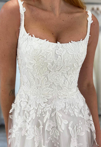 A-Line Lace and Tulle Wedding Dress with Pockets