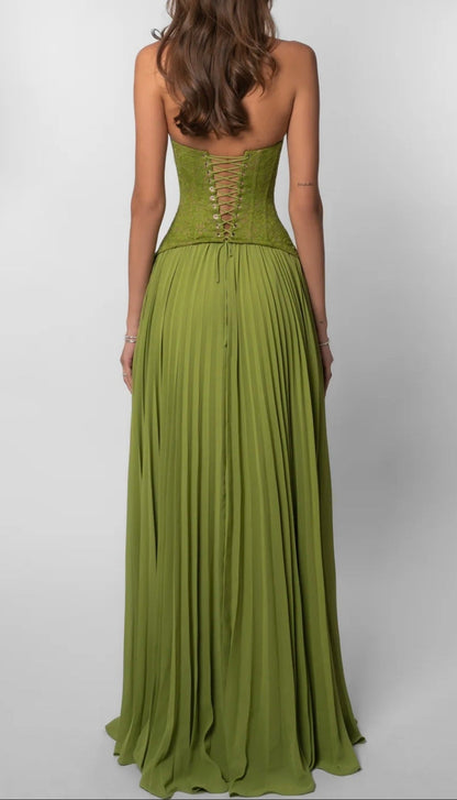 Lace Corset Pleated Maxi Dress