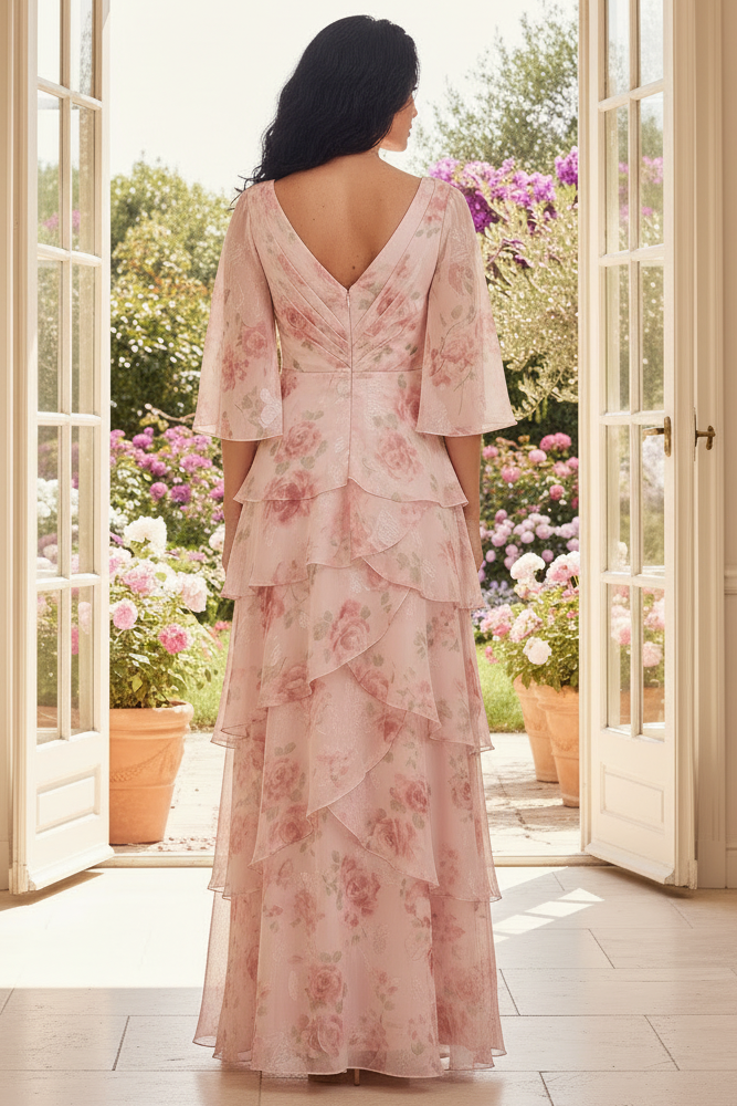 Tiered Floral V-Neck Maxi Dress with Flutter Sleeves