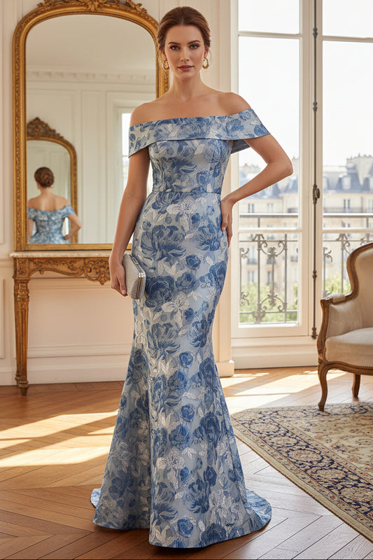 Off-the-Shoulder Floral Jacquard Mermaid Gown