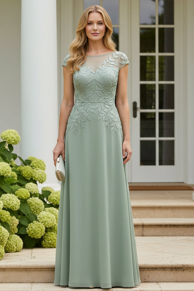 Embroidered Cap Sleeve A-Line Chiffon Gown