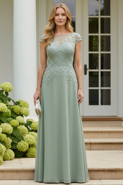 Embroidered Cap Sleeve A-Line Chiffon Gown