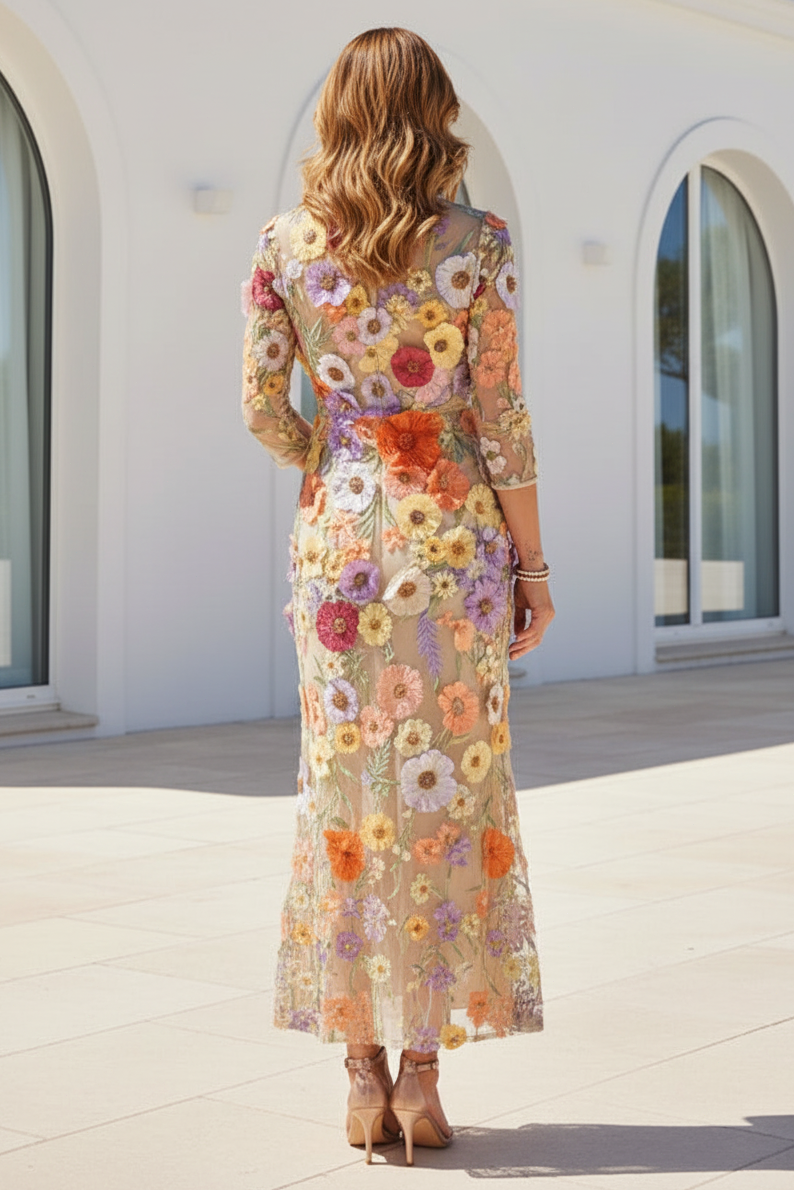 3D Floral Applique High Neck Midi Dress