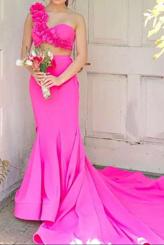 Two-Piece One-Shoulder Mermaid Dress with 3D Flowers