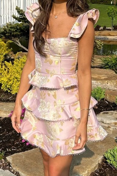 Tiered Ruffled Corset Jacquard Mini Dress