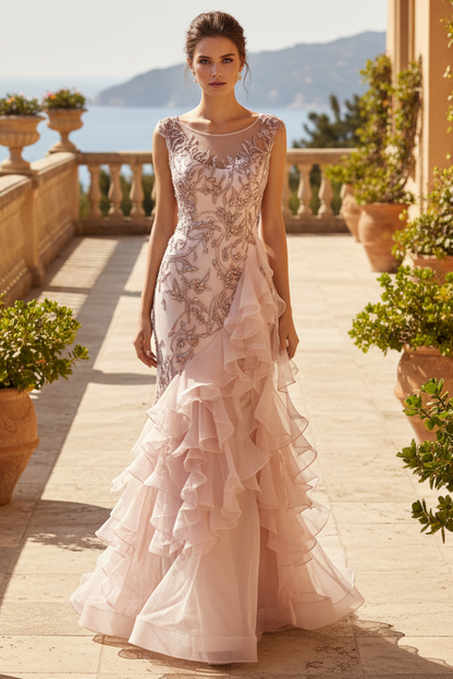 Embroidered Illusion Mermaid Gown with Cascading Ruffles