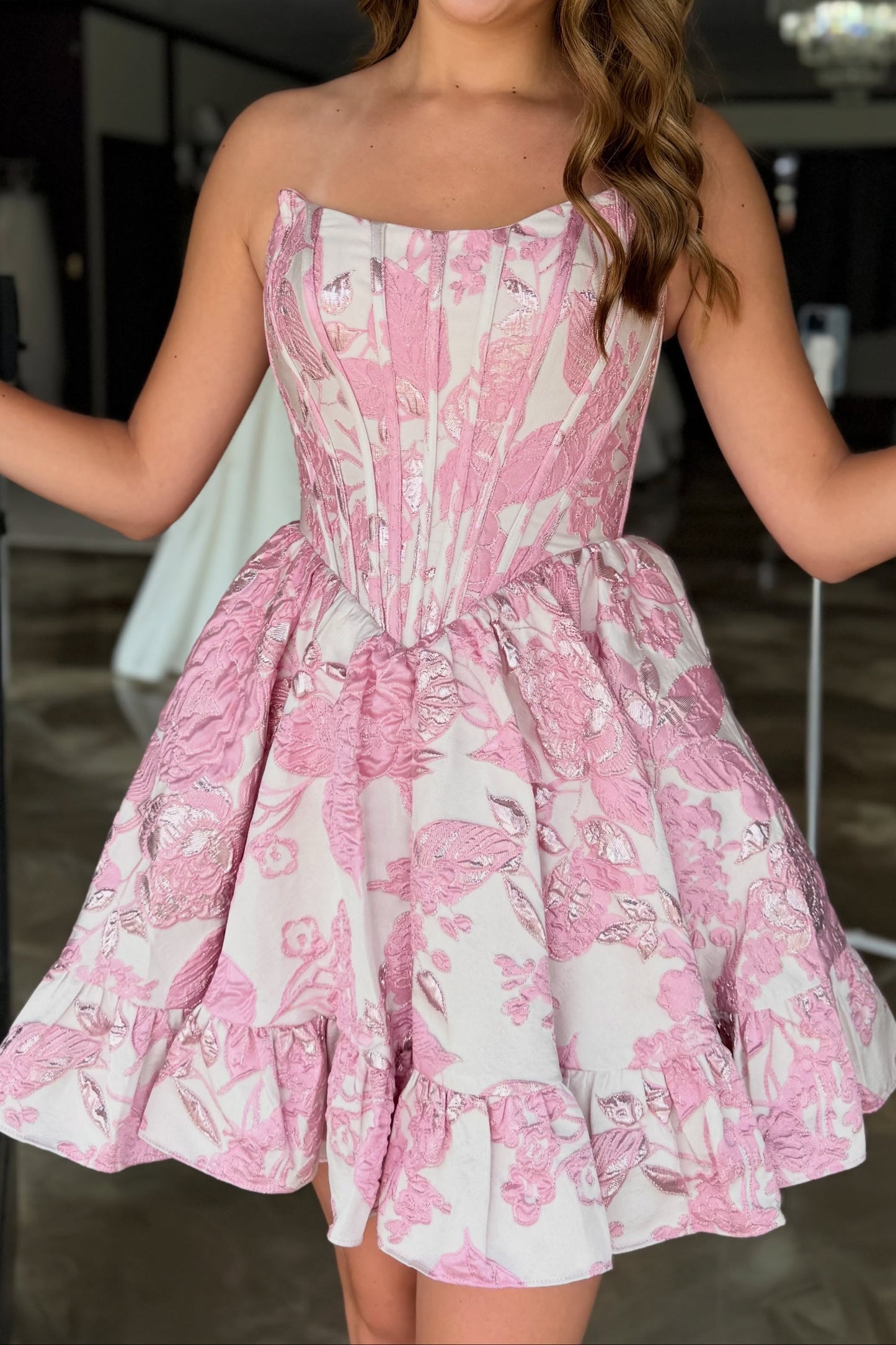Strapless Jacquard Corset Mini Dress with Tiered Ruffle Skirt