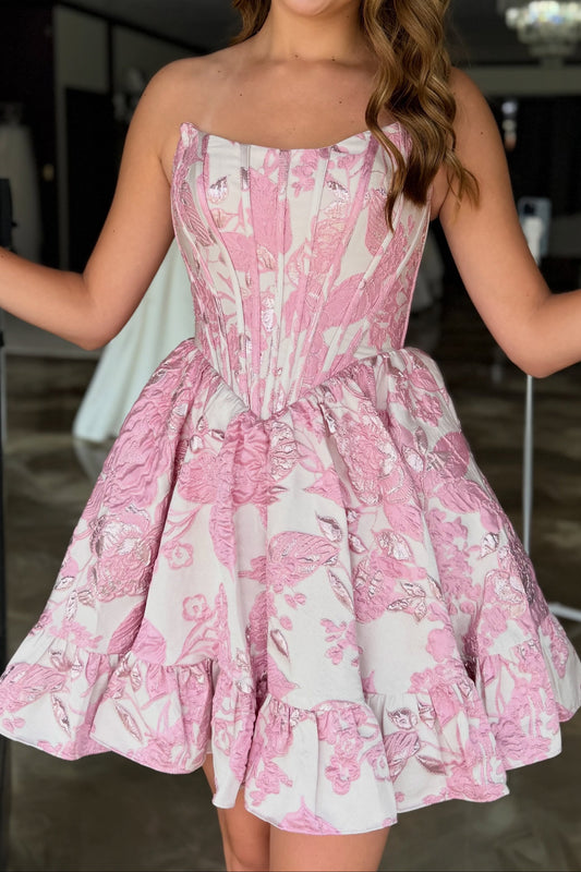 Strapless Jacquard Corset Mini Dress with Tiered Ruffle Skirt
