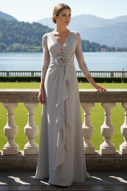 Lace-Trim Maxi Dress with Rosette and Ruffle