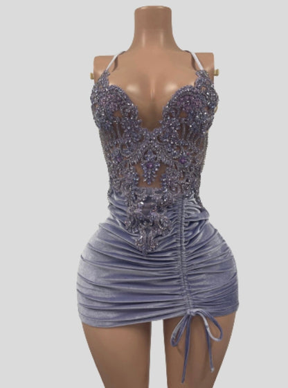 Beaded Corset Velvet Ruched Mini Dress