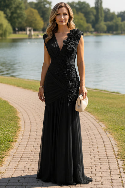 Ruched Floral Appliqué Floor-Length Evening Gown