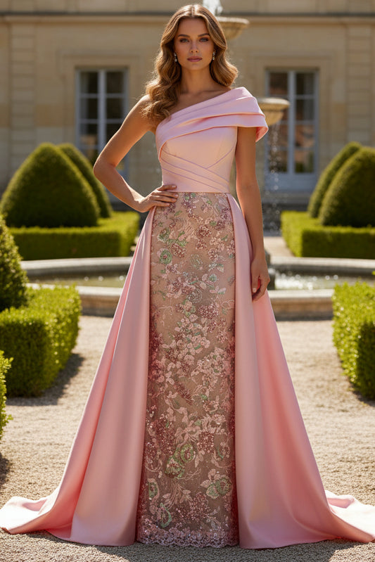 One-Shoulder Satin Gown with Embroidered Overskirt