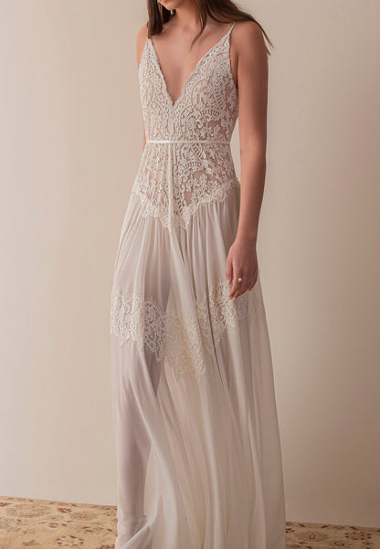 Lace and Chiffon Deep V-Neck Maxi Dress