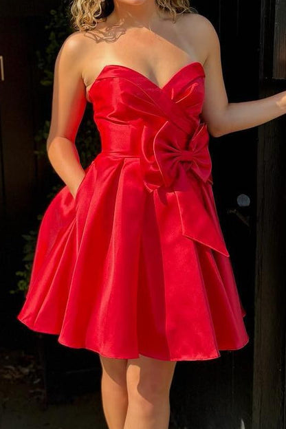 Strapless Satin Mini Dress with Sweetheart Bow Waist