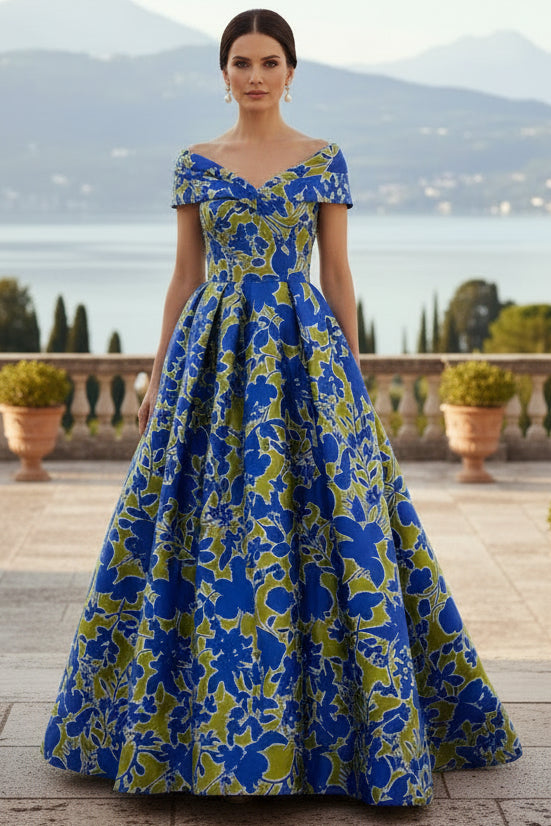 Off-the-Shoulder Floral Print Ball Gown with Pockets