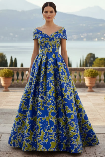 Off-the-Shoulder Floral Print Ball Gown with Pockets