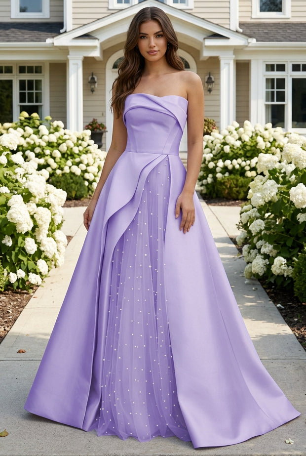 Strapless Satin Ball Gown with Pearl Tulle Split