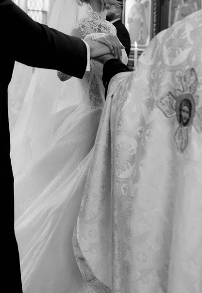 High-Neck Lace Ball Gown Wedding Dress with Long Sleeves