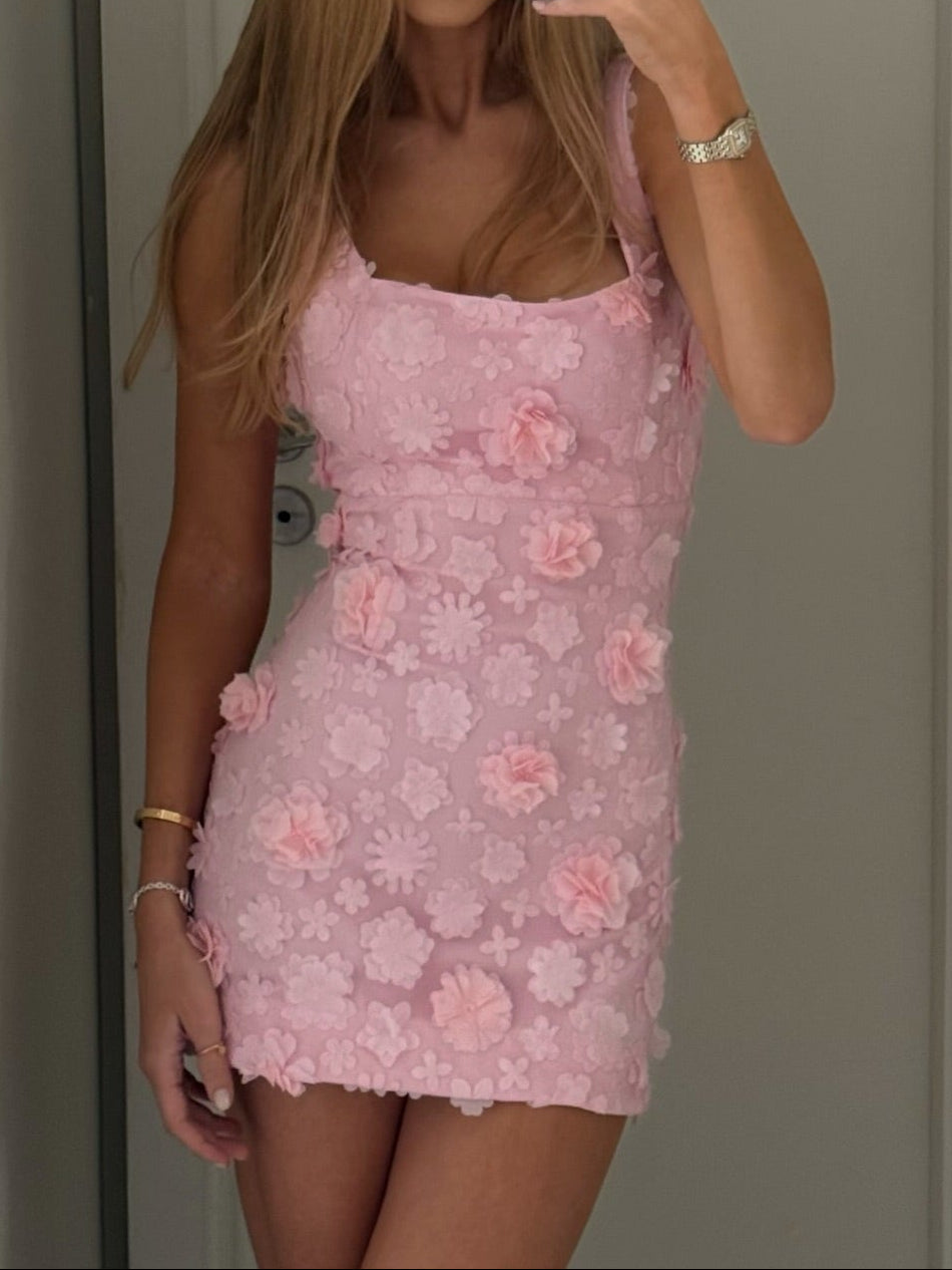 3D Floral Applique Square Neck Mini Bodycon Dress