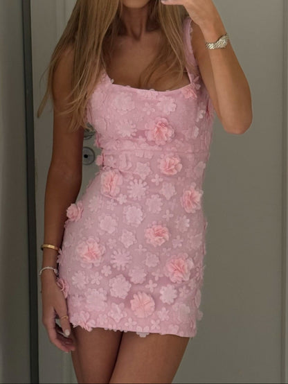 3D Floral Applique Square Neck Mini Bodycon Dress