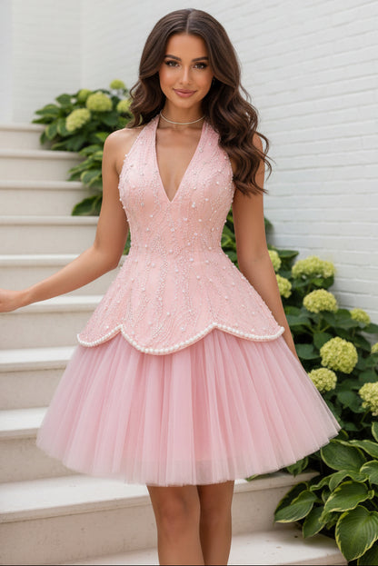 Pearl Beaded Halter Mini Dress with Tulle Skirt