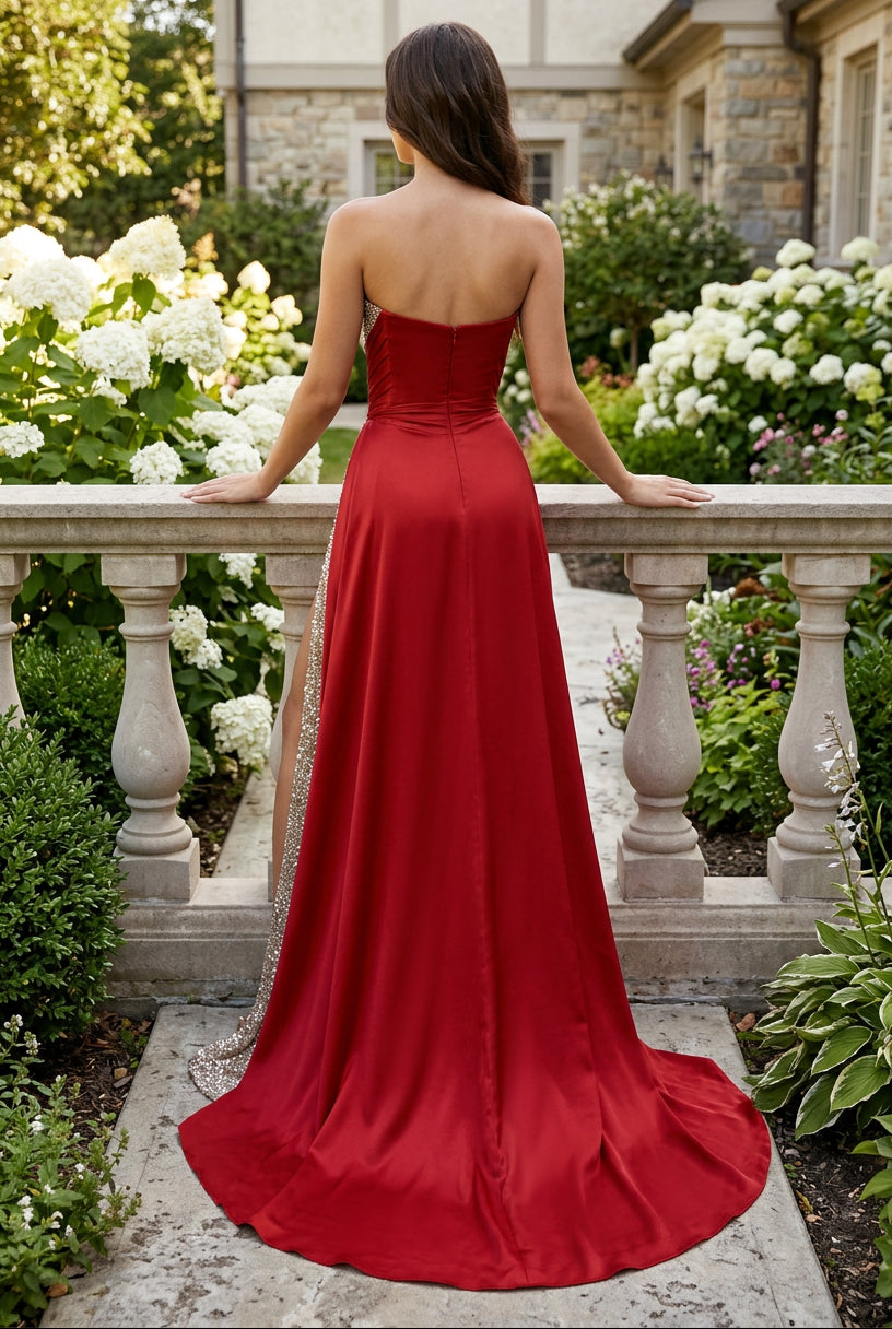 Strapless Ruched Gown with Sequin Bodice & Slit
