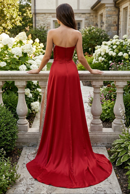 Strapless Ruched Gown with Sequin Bodice & Slit