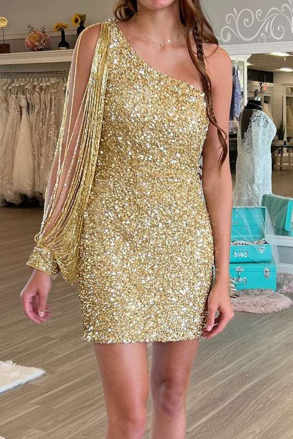 One-Shoulder Sequin Mini Dress with Beaded Fringe