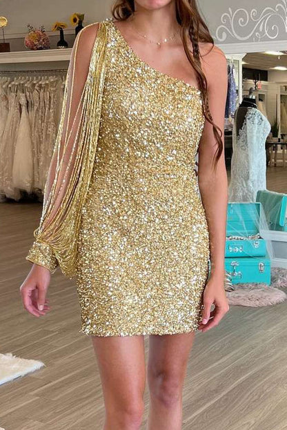 One-Shoulder Sequin Mini Dress with Beaded Fringe