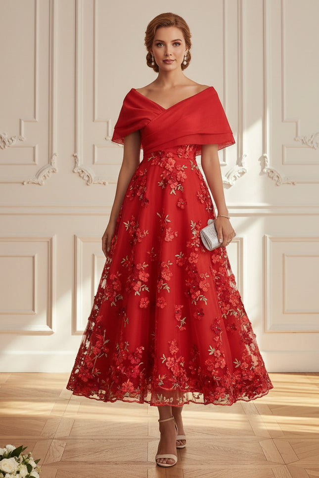 Off-the-Shoulder 3D Floral Tea-Length Dress