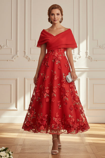 Off-the-Shoulder 3D Floral Tea-Length Dress