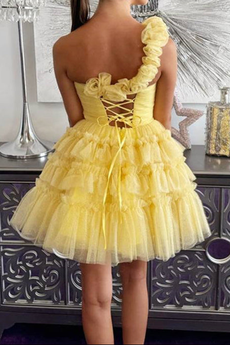 One-Shoulder Tiered Ruffle Tulle Homecoming Dress
