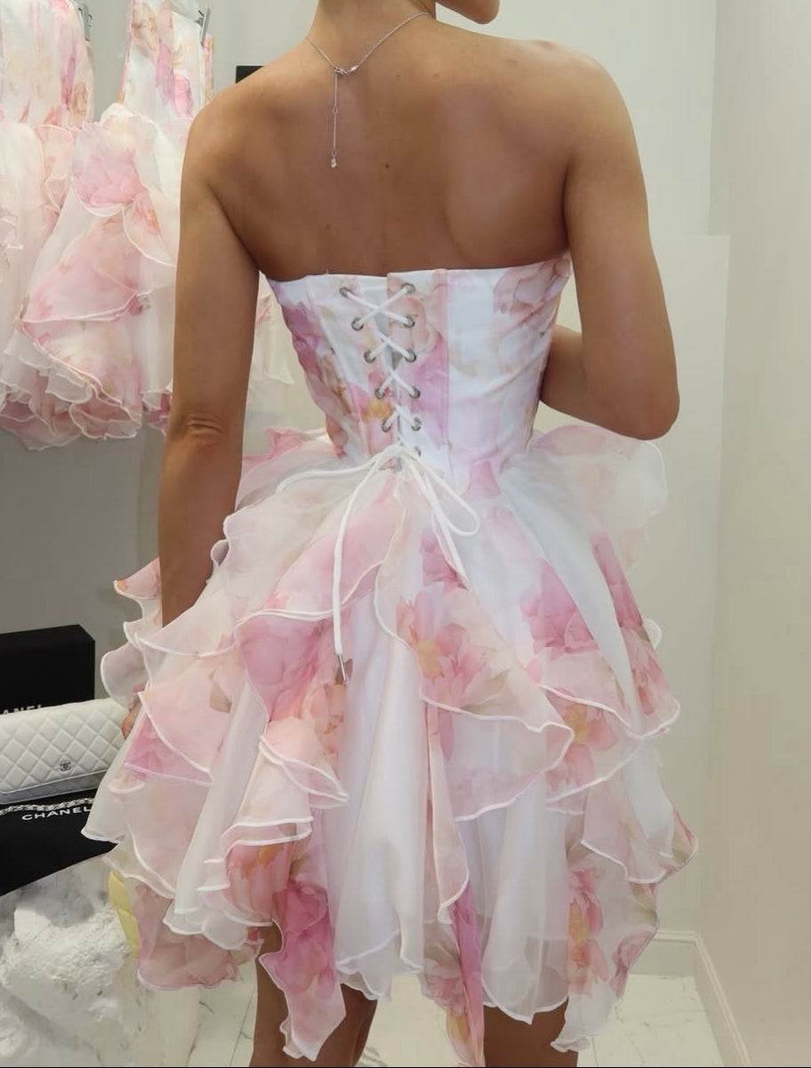 Strapless Floral Corset Mini Dress with Ruffled Skirt