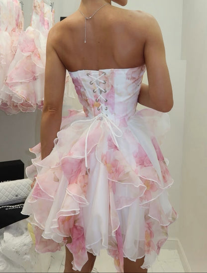 Strapless Floral Corset Mini Dress with Ruffled Skirt